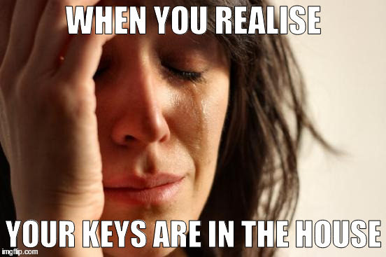 When you realise | WHEN YOU REALISE; YOUR KEYS ARE IN THE HOUSE | image tagged in memes,first world problems,keys,left,when,you | made w/ Imgflip meme maker