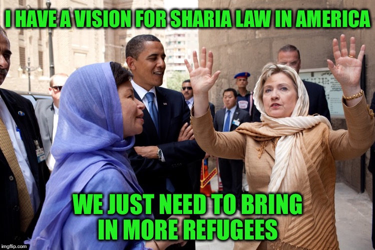More 'Hope and Change' coming! | I HAVE A VISION FOR SHARIA LAW IN AMERICA; WE JUST NEED TO BRING IN MORE REFUGEES | image tagged in hillary head scarf,sharia law,refugees,hillary | made w/ Imgflip meme maker