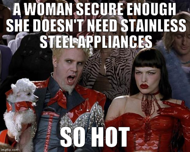 Mugatu So Hot Right Now Meme | A WOMAN SECURE ENOUGH SHE DOESN'T NEED STAINLESS STEEL APPLIANCES; SO HOT | image tagged in memes,mugatu so hot right now,stainless steel appliances,insecurity,so true memes | made w/ Imgflip meme maker