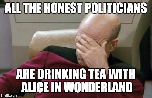 Captain Picard Facepalm Meme | ALL THE HONEST POLITICIANS; ARE DRINKING TEA WITH ALICE IN WONDERLAND | image tagged in memes,captain picard facepalm | made w/ Imgflip meme maker