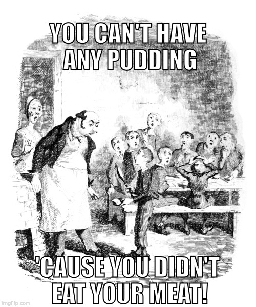 Some more? | YOU CAN'T HAVE ANY PUDDING; 'CAUSE YOU DIDN'T EAT YOUR MEAT! | image tagged in some more | made w/ Imgflip meme maker