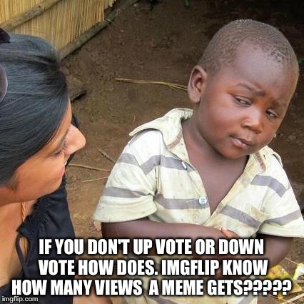 Third World Skeptical Kid Meme | IF YOU DON'T UP VOTE OR DOWN VOTE HOW DOES. IMGFLIP KNOW HOW MANY VIEWS  A MEME GETS????? | image tagged in memes,third world skeptical kid | made w/ Imgflip meme maker