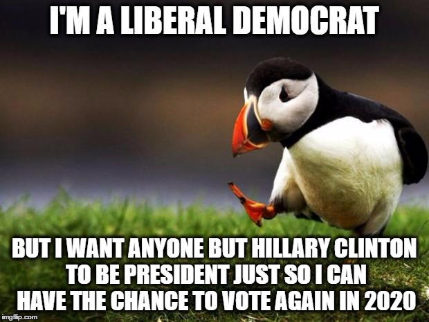 Unpopular Opinion Puffin | I'M A LIBERAL DEMOCRAT; BUT I WANT ANYONE BUT HILLARY CLINTON TO BE PRESIDENT JUST SO I CAN HAVE THE CHANCE TO VOTE AGAIN IN 2020 | image tagged in memes,unpopular opinion puffin,hillary clinton,2016 elections,2020 elections | made w/ Imgflip meme maker