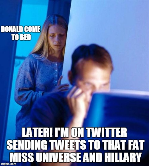 Redditor's Wife | DONALD COME TO BED; LATER! I'M ON TWITTER SENDING TWEETS TO THAT FAT MISS UNIVERSE AND HILLARY | image tagged in memes,redditors wife | made w/ Imgflip meme maker
