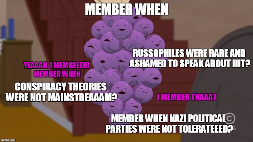 Member Berries how we need them in Slovakia | MEMBER WHEN; RUSSOPHILES WERE RARE AND ASHAMED TO SPEAK ABOUT IIIT? YEAAAH, I MEMBEEER! MEMBER WHEN; CONSPIRACY THEORIES WERE NOT MAINSTREAAAM? I MEMBER THAAAT; MEMBER WHEN NAZI POLITICAL PARTIES WERE NOT TOLERATEEED? | image tagged in member berries | made w/ Imgflip meme maker