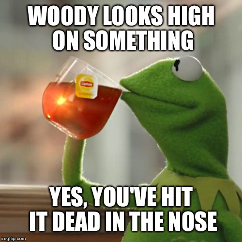 But That's None Of My Business Meme | WOODY LOOKS HIGH ON SOMETHING YES, YOU'VE HIT IT DEAD IN THE NOSE | image tagged in memes,but thats none of my business,kermit the frog | made w/ Imgflip meme maker