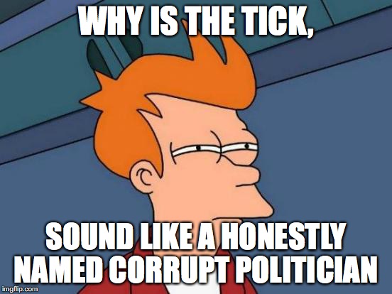 Futurama Fry Meme | WHY IS THE TICK, SOUND LIKE A HONESTLY NAMED CORRUPT POLITICIAN | image tagged in memes,futurama fry | made w/ Imgflip meme maker