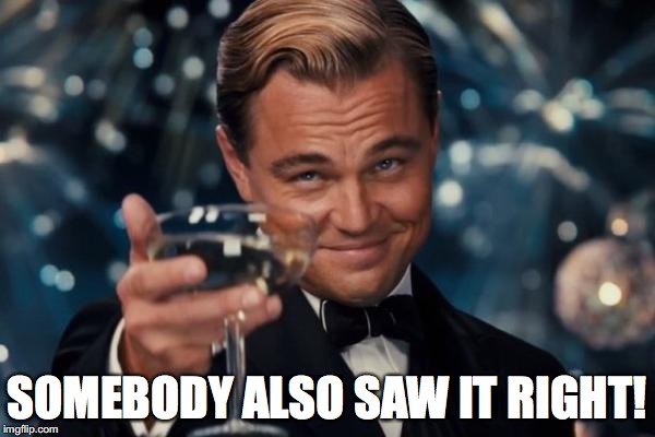 Leonardo Dicaprio Cheers Meme | SOMEBODY ALSO SAW IT RIGHT! | image tagged in memes,leonardo dicaprio cheers | made w/ Imgflip meme maker