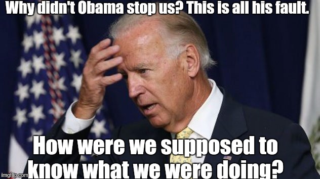 Joe Biden worries | Why didn't Obama stop us? This is all his fault. How were we supposed to know what we were doing? | image tagged in joe biden worries | made w/ Imgflip meme maker