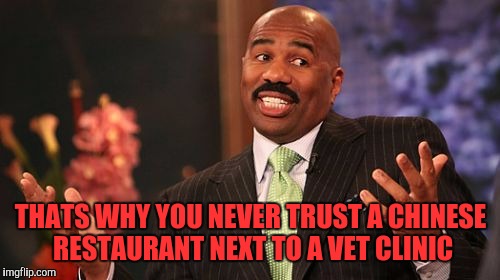 Steve Harvey Meme | THATS WHY YOU NEVER TRUST A CHINESE RESTAURANT NEXT TO A VET CLINIC | image tagged in memes,steve harvey | made w/ Imgflip meme maker
