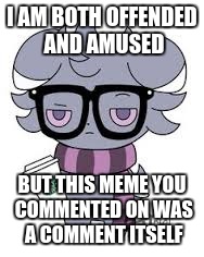 I AM BOTH OFFENDED AND AMUSED BUT THIS MEME YOU COMMENTED ON WAS A COMMENT ITSELF | image tagged in espurr got srs | made w/ Imgflip meme maker