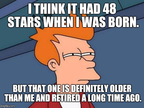 Futurama Fry Meme | I THINK IT HAD 48 STARS WHEN I WAS BORN. BUT THAT ONE IS DEFINITELY OLDER THAN ME AND RETIRED A LONG TIME AGO. | image tagged in memes,futurama fry | made w/ Imgflip meme maker