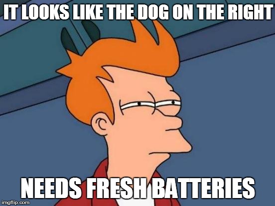 Futurama Fry Meme | IT LOOKS LIKE THE DOG ON THE RIGHT NEEDS FRESH BATTERIES | image tagged in memes,futurama fry | made w/ Imgflip meme maker