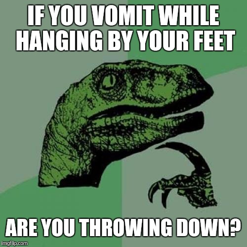 Regurgitation | IF YOU VOMIT WHILE HANGING BY YOUR FEET; ARE YOU THROWING DOWN? | image tagged in memes,philosoraptor | made w/ Imgflip meme maker