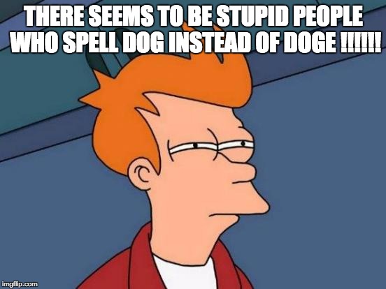 Futurama Fry | THERE SEEMS TO BE STUPID PEOPLE WHO SPELL DOG INSTEAD OF DOGE
!!!!!! | image tagged in memes,futurama fry | made w/ Imgflip meme maker