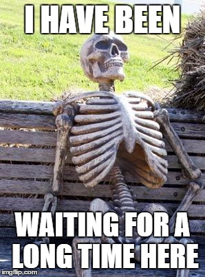 Waiting Skeleton | I HAVE BEEN; WAITING FOR A LONG TIME HERE | image tagged in memes,waiting skeleton | made w/ Imgflip meme maker