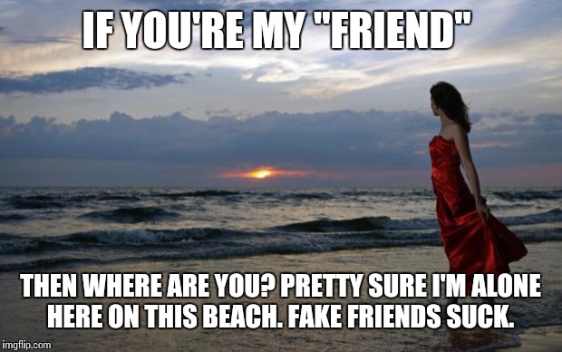 Girl @ Beach | IF YOU'RE MY "FRIEND"; THEN WHERE ARE YOU? PRETTY SURE I'M ALONE HERE ON THIS BEACH. FAKE FRIENDS SUCK. | image tagged in girl  beach | made w/ Imgflip meme maker
