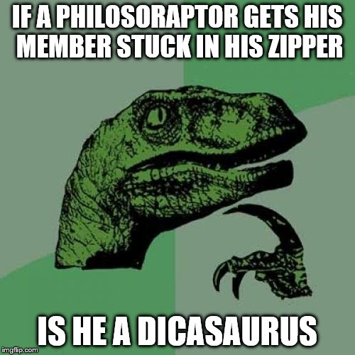 Philosoraptor Meme | IF A PHILOSORAPTOR GETS HIS MEMBER STUCK IN HIS ZIPPER; IS HE A DICASAURUS | image tagged in memes,philosoraptor | made w/ Imgflip meme maker