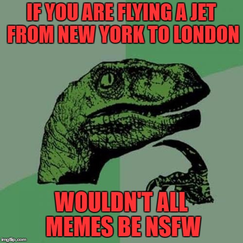 i guess it would go for truckers too.. and people in safety jobs.. surgeons.. chainsaw jugglers.. suicide hotline operators.. | IF YOU ARE FLYING A JET FROM NEW YORK TO LONDON; WOULDN'T ALL MEMES BE NSFW | image tagged in memes,philosoraptor | made w/ Imgflip meme maker