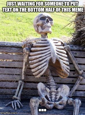 Waiting Skeleton Meme | JUST WAITING FOR SOMEONE TO PUT TEXT ON THE BOTTOM HALF OF THIS MEME; ... | image tagged in memes,waiting skeleton | made w/ Imgflip meme maker