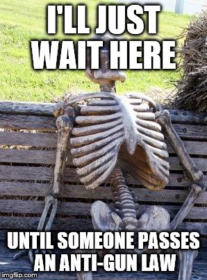 Waiting Skeleton | I'LL JUST WAIT HERE; UNTIL SOMEONE PASSES AN ANTI-GUN LAW | image tagged in memes,waiting skeleton | made w/ Imgflip meme maker