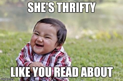 Evil Toddler Meme | SHE'S THRIFTY LIKE YOU READ ABOUT | image tagged in memes,evil toddler | made w/ Imgflip meme maker
