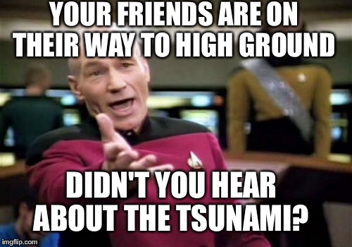 Picard Wtf Meme | YOUR FRIENDS ARE ON THEIR WAY TO HIGH GROUND DIDN'T YOU HEAR ABOUT THE TSUNAMI? | image tagged in memes,picard wtf | made w/ Imgflip meme maker
