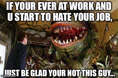 little shop of horrors | IF YOUR EVER AT WORK AND U START TO HATE YOUR JOB, JUST BE GLAD YOUR NOT THIS GUY... | image tagged in little shop of horrors | made w/ Imgflip meme maker