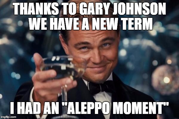 Leonardo Dicaprio Cheers | THANKS TO GARY JOHNSON WE HAVE A NEW TERM; I HAD AN "ALEPPO MOMENT" | image tagged in memes,leonardo dicaprio cheers | made w/ Imgflip meme maker
