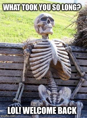 Waiting Skeleton Meme | WHAT TOOK YOU SO LONG? LOL! WELCOME BACK | image tagged in memes,waiting skeleton | made w/ Imgflip meme maker