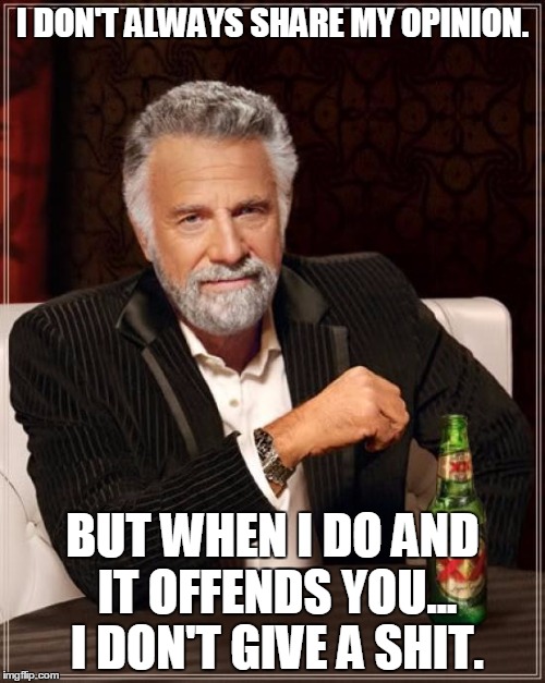 The Most Interesting Man In The World Meme | I DON'T ALWAYS SHARE MY OPINION. BUT WHEN I DO AND IT OFFENDS YOU... I DON'T GIVE A SHIT. | image tagged in memes,the most interesting man in the world | made w/ Imgflip meme maker