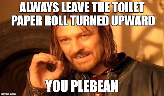 One Does Not Simply | ALWAYS LEAVE THE TOILET PAPER ROLL TURNED UPWARD; YOU PLEBEAN | image tagged in memes,one does not simply | made w/ Imgflip meme maker