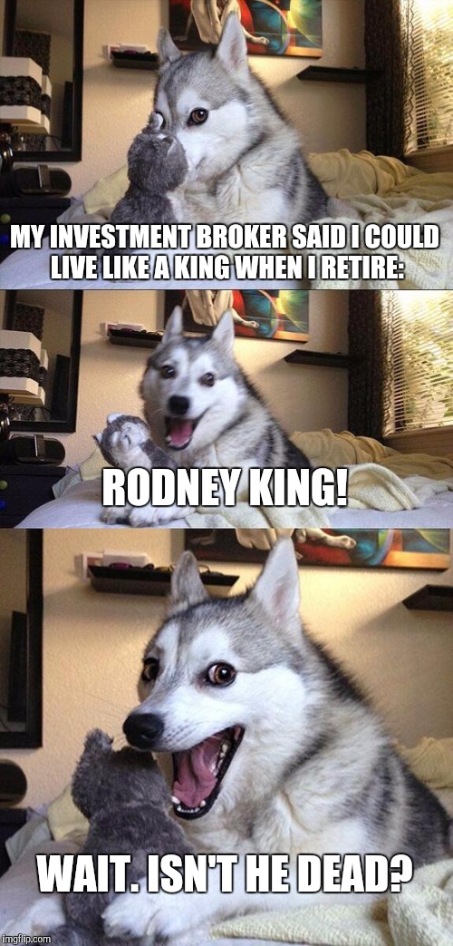 Bad Pun Dog Meme | MY INVESTMENT BROKER SAID I COULD LIVE LIKE A KING WHEN I RETIRE: RODNEY KING! WAIT. ISN'T HE DEAD? | image tagged in memes,bad pun dog | made w/ Imgflip meme maker