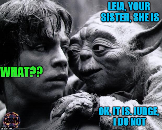 Yoda & Luke | LEIA, YOUR SISTER, SHE IS; WHAT?? OK, IT IS. JUDGE, I DO NOT | image tagged in yoda  luke | made w/ Imgflip meme maker