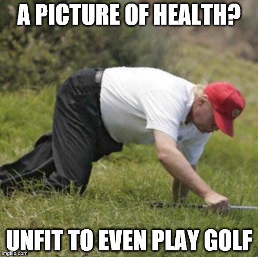 trump crawling | A PICTURE OF HEALTH? UNFIT TO EVEN PLAY GOLF | image tagged in trump crawling | made w/ Imgflip meme maker