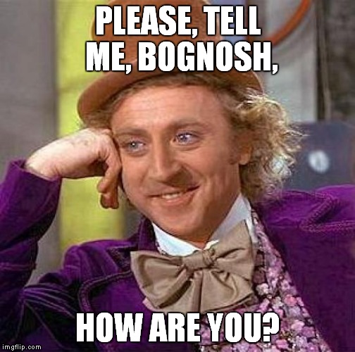 Creepy Condescending Wonka Meme | PLEASE, TELL ME, BOGNOSH, HOW ARE YOU? | image tagged in memes,creepy condescending wonka | made w/ Imgflip meme maker