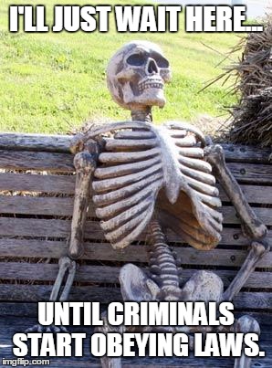 Waiting Skeleton | I'LL JUST WAIT HERE... UNTIL CRIMINALS START OBEYING LAWS. | image tagged in memes,waiting skeleton | made w/ Imgflip meme maker