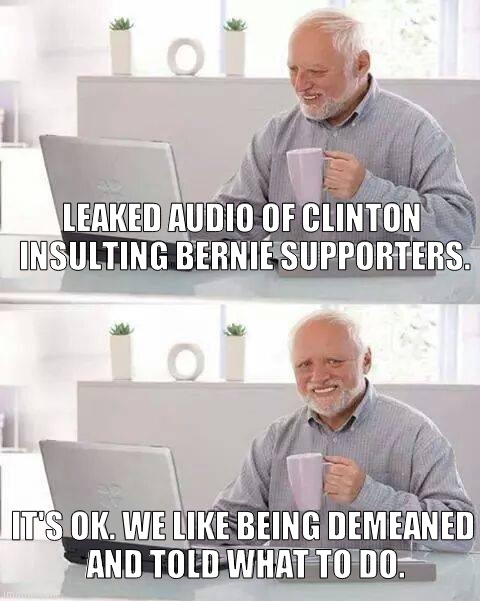 Cucktagenarians | LEAKED AUDIO OF CLINTON INSULTING BERNIE SUPPORTERS. IT'S OK. WE LIKE BEING DEMEANED AND TOLD WHAT TO DO. | image tagged in memes,hide the pain harold,wtf bernie sanders,bernie bros,clinton corruption | made w/ Imgflip meme maker