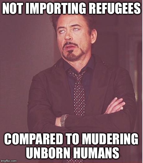 Face You Make Robert Downey Jr Meme | NOT IMPORTING REFUGEES COMPARED TO MUDERING UNBORN HUMANS | image tagged in memes,face you make robert downey jr | made w/ Imgflip meme maker