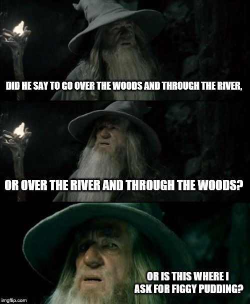 Gandalf's Christmas Quandary | DID HE SAY TO GO OVER THE WOODS AND THROUGH THE RIVER, OR OVER THE RIVER AND THROUGH THE WOODS? OR IS THIS WHERE I ASK FOR FIGGY PUDDING? | image tagged in memes,hobbit,christmas,songs,gandalf,carols | made w/ Imgflip meme maker