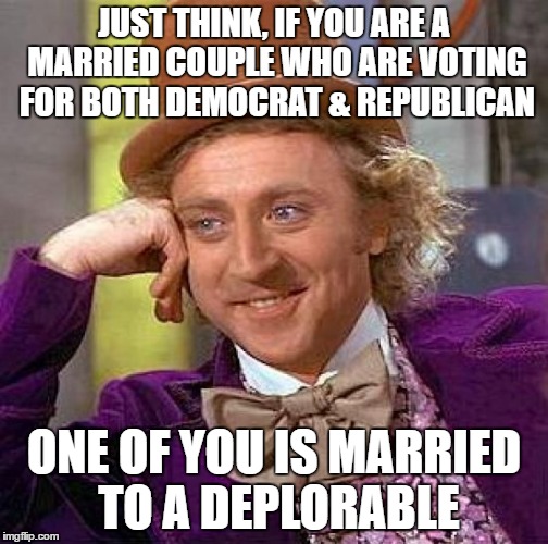 hillary insulted your spouse | JUST THINK, IF YOU ARE A MARRIED COUPLE WHO ARE VOTING FOR BOTH DEMOCRAT & REPUBLICAN; ONE OF YOU IS MARRIED TO A DEPLORABLE | image tagged in memes,creepy condescending wonka,hillary lies,trump 2016 | made w/ Imgflip meme maker