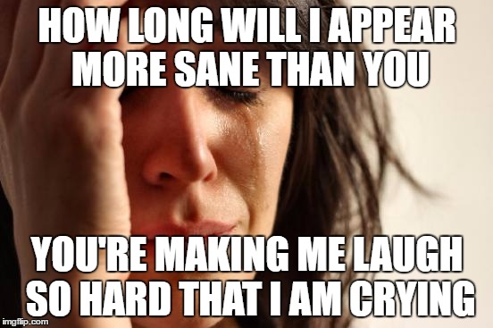 First World Problems | HOW LONG WILL I APPEAR MORE SANE THAN YOU; YOU'RE MAKING ME LAUGH SO HARD THAT I AM CRYING | image tagged in memes,first world problems | made w/ Imgflip meme maker