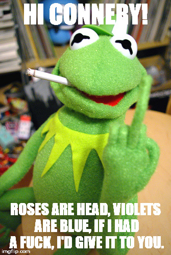 Kermit finger | HI CONNERY! ROSES ARE HEAD, VIOLETS ARE BLUE, IF I HAD A FUCK, I'D GIVE IT TO YOU. | image tagged in kermit finger | made w/ Imgflip meme maker