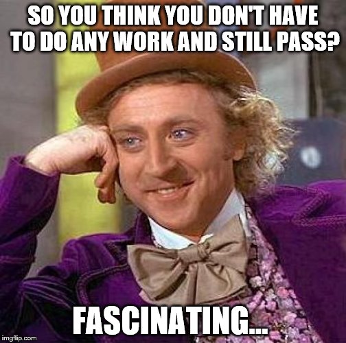 Creepy Condescending Wonka | SO YOU THINK YOU DON'T HAVE TO DO ANY WORK AND STILL PASS? FASCINATING... | image tagged in memes,creepy condescending wonka | made w/ Imgflip meme maker