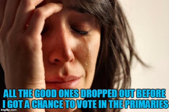 First World Problems Meme | ALL THE GOOD ONES DROPPED OUT BEFORE I GOT A CHANCE TO VOTE IN THE PRIMARIES | image tagged in memes,first world problems | made w/ Imgflip meme maker