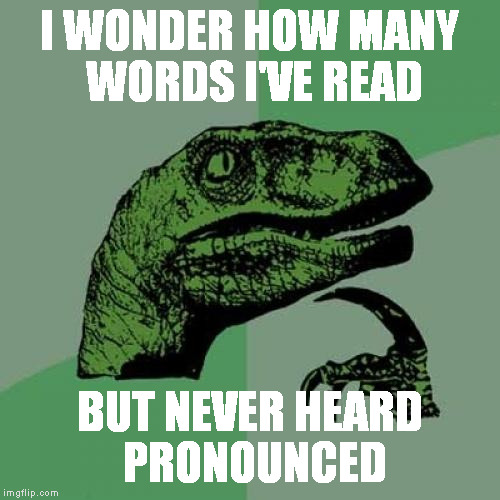Philosoraptor | I WONDER HOW MANY WORDS I'VE READ; BUT NEVER HEARD PRONOUNCED | image tagged in memes,philosoraptor | made w/ Imgflip meme maker