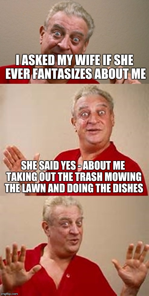 bad pun Dangerfield  | I ASKED MY WIFE IF SHE EVER FANTASIZES ABOUT ME; SHE SAID YES - ABOUT ME TAKING OUT THE TRASH MOWING THE LAWN AND DOING THE DISHES | image tagged in bad pun dangerfield | made w/ Imgflip meme maker