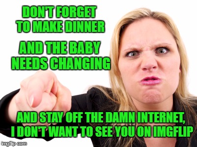 DON'T FORGET TO MAKE DINNER AND THE BABY NEEDS CHANGING AND STAY OFF THE DAMN INTERNET, I DON'T WANT TO SEE YOU ON IMGFLIP | made w/ Imgflip meme maker