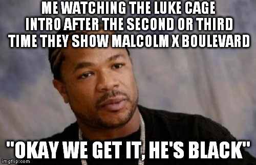 It's a great show and all, but man are they pushing some black stereotypes | ME WATCHING THE LUKE CAGE INTRO AFTER THE SECOND OR THIRD TIME THEY SHOW MALCOLM X BOULEVARD; "OKAY WE GET IT, HE'S BLACK" | image tagged in memes,serious xzibit,luke cage,marvel netflix series,black stereotypes,luke cage matters | made w/ Imgflip meme maker