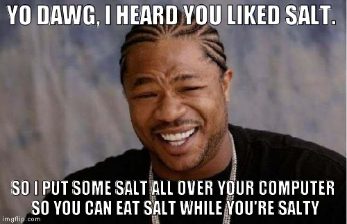 Yo Dawg Heard You Meme | YO DAWG, I HEARD YOU LIKED SALT. SO I PUT SOME SALT ALL OVER YOUR COMPUTER SO YOU CAN EAT SALT WHILE YOU'RE SALTY | image tagged in memes,yo dawg heard you | made w/ Imgflip meme maker